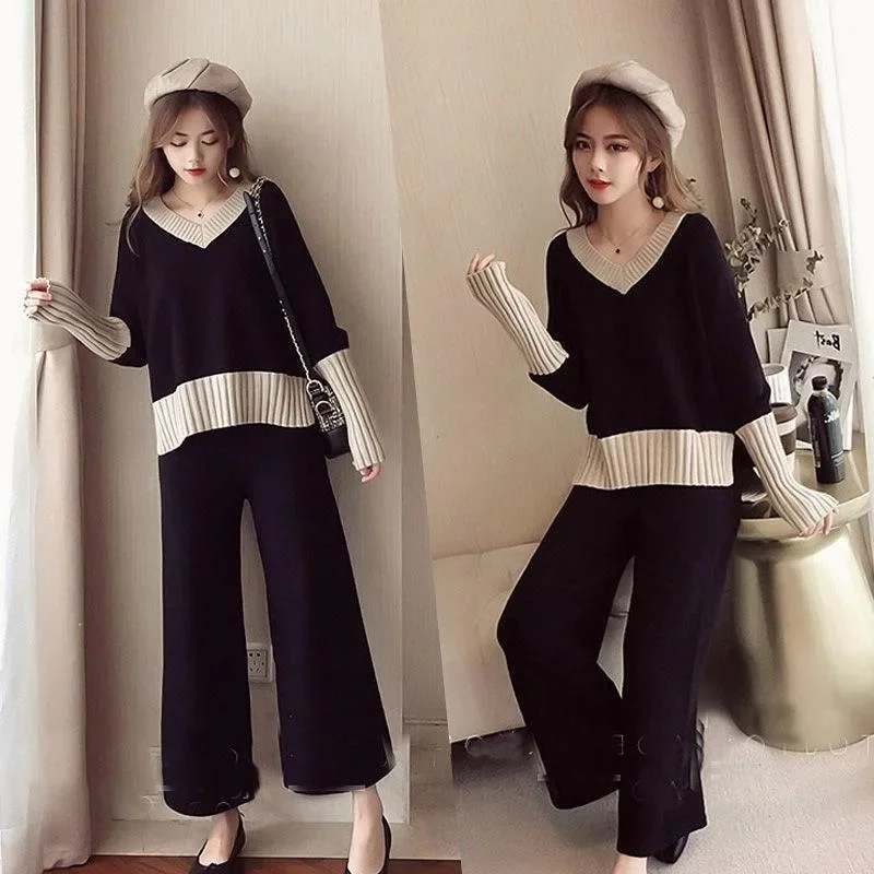 Women Autumn Winter Knit Sweater Two Piece Set Pant Sets Matching Sets Splice Trousers Thick Pants Pullover Mom Elegant Work