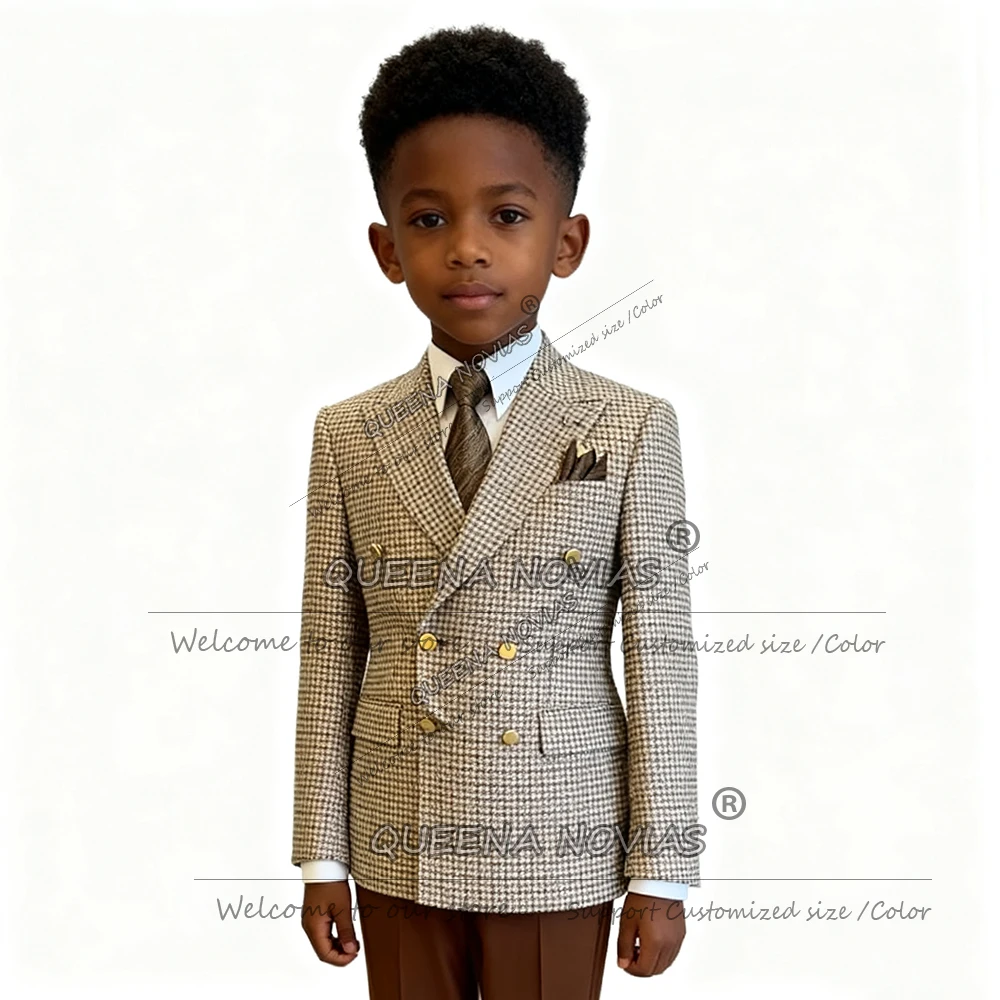 

Elegant Houndstooth Boys Suits 2 Piece Sets Double Breasted Plaid Checks Business Blazers Wedding Formal Party Children Tuxedos