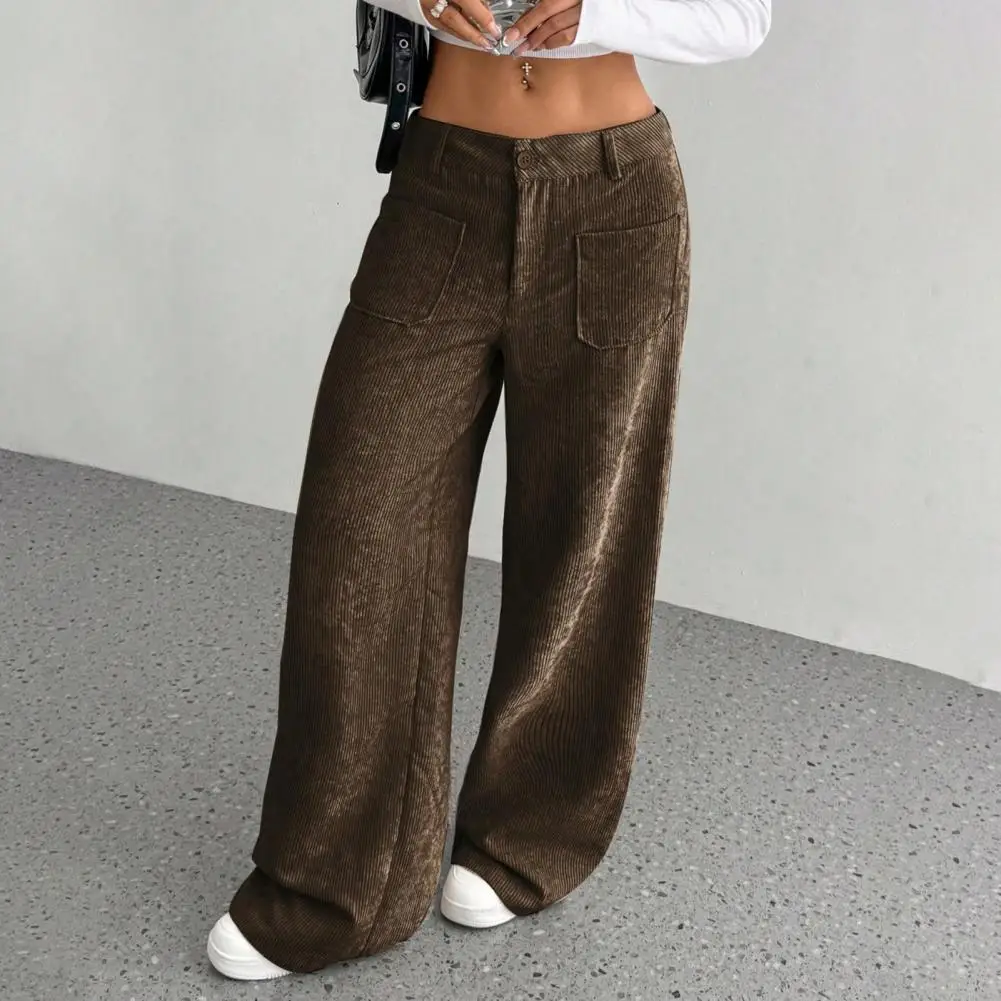 Pantalon Long élégant pour femmes, taille basse, jambes larges, avec bouton zippé, poches volantes, couleur unie, côtelé, pour les loisirs