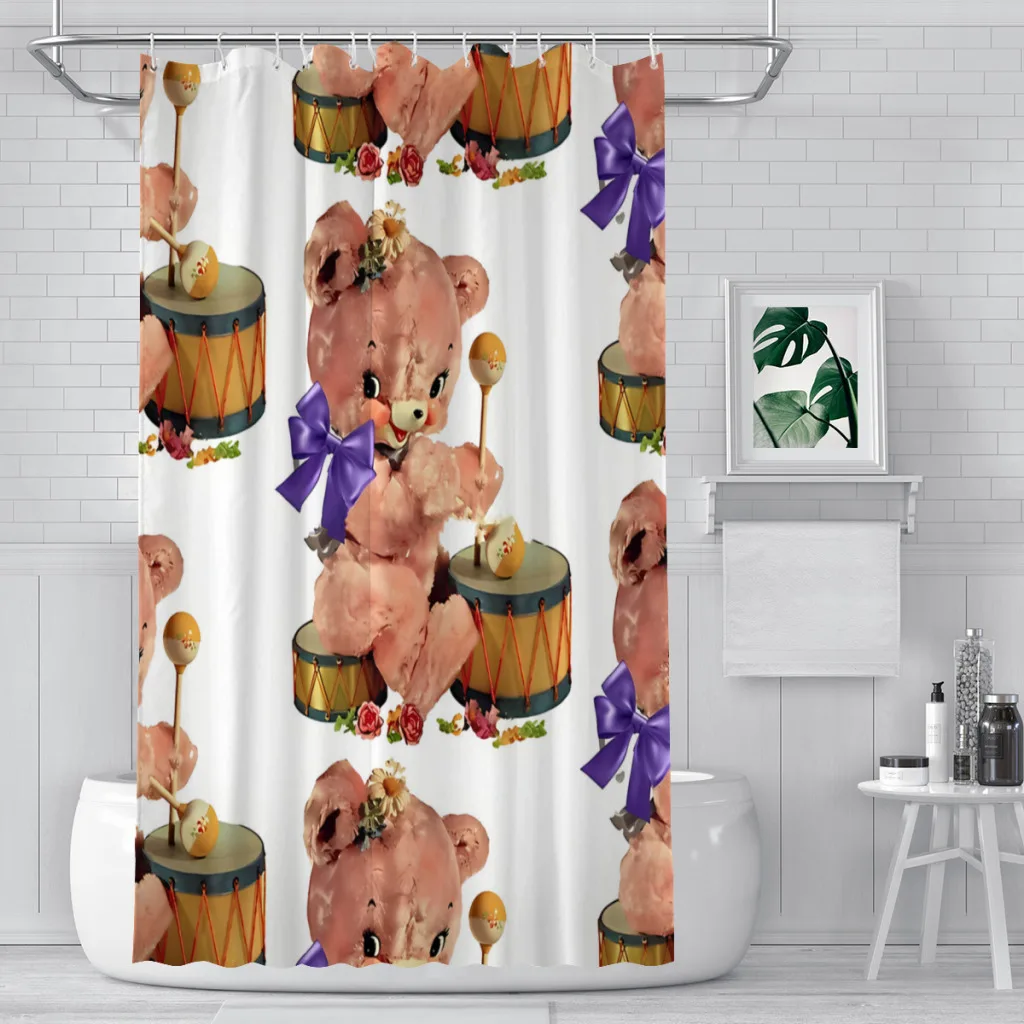 Pink Teddy Bear Playing Drums Vintage Kitsch Transfer Bathroom Shower Curtains Waterproof Partition Home Decor Accessories