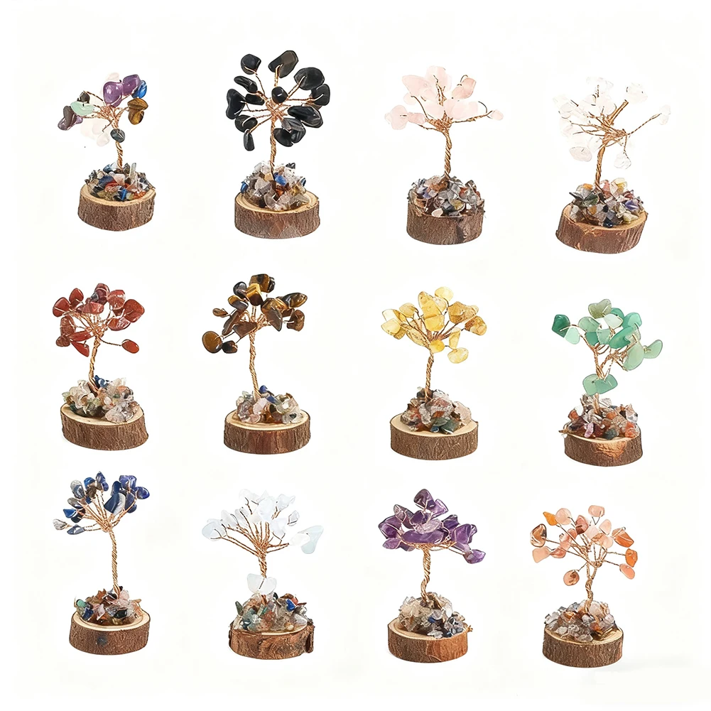 12 قطعة شقرا كريستال شجرة الحياة مجموعة التماثيل الحجر الطبيعي شجرة محظوظة صغيرة مع قاعدة خشبية الريكي شفاء فنغشوي ديكور المنزل