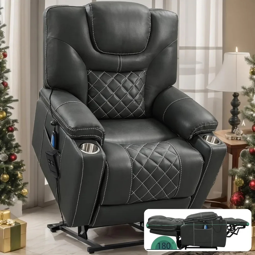 Power Lift Recliner for Seniors,High Density Foam, Heat & Massage, Reclines to 180°,2 Pockets, Cup Holders, 2 Remote Controls