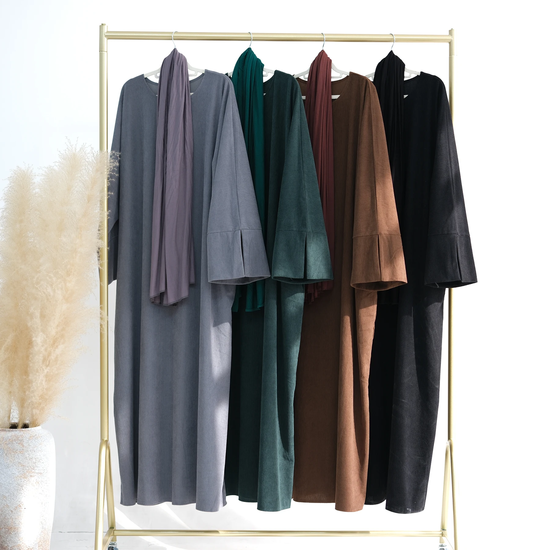 Women Corduroy Long Dress Spring Autumn Pullover Abayas Muslim Islamic Ramadan Moroccan Kaftan Solid Color Green Modest Kimono