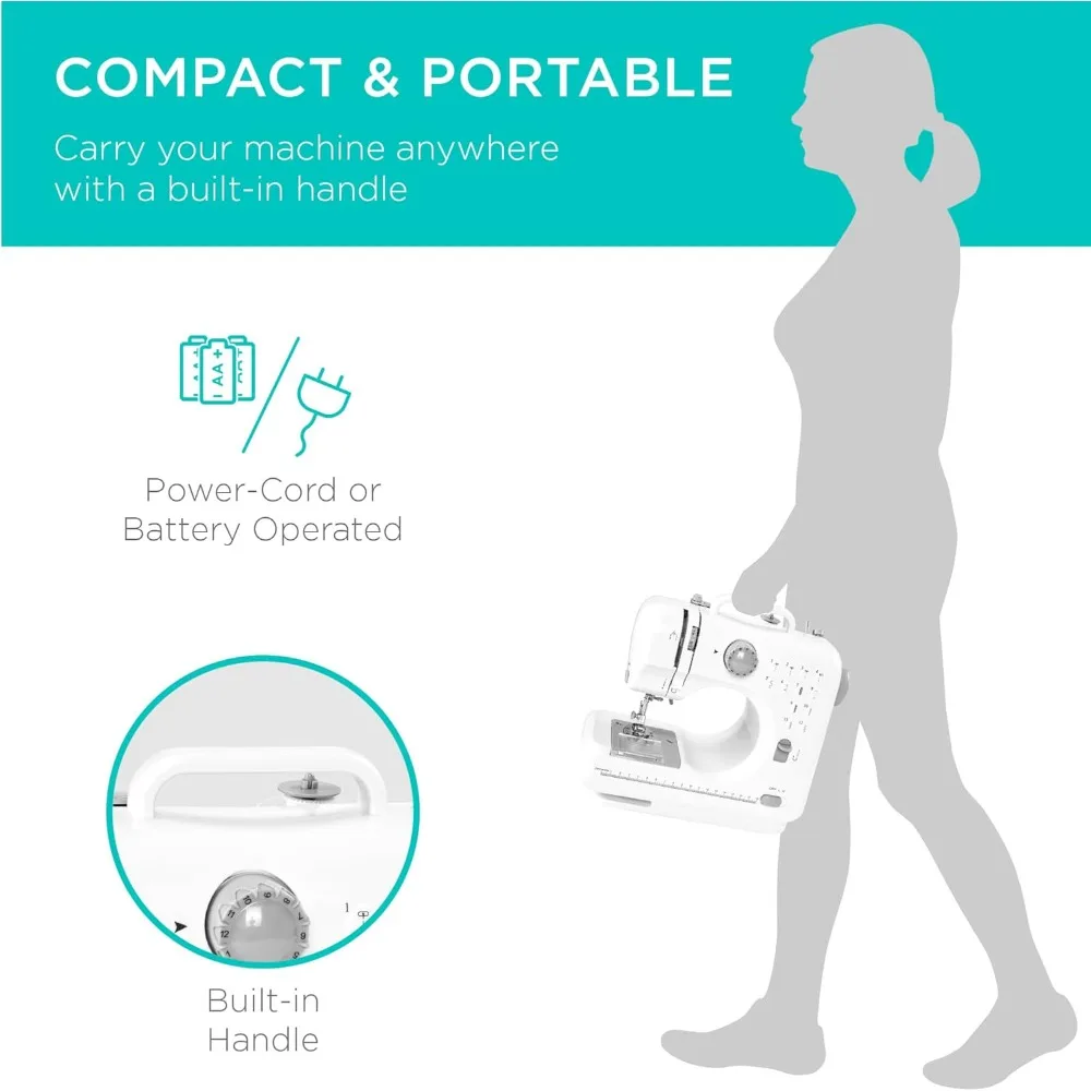 ماكينة خياطة مدمجة للمبتدئين مع طقم 42 قطعة و12 أنماط غرزة ودواسة قدم خفيفة محمولة باللون الرمادي والأبيض