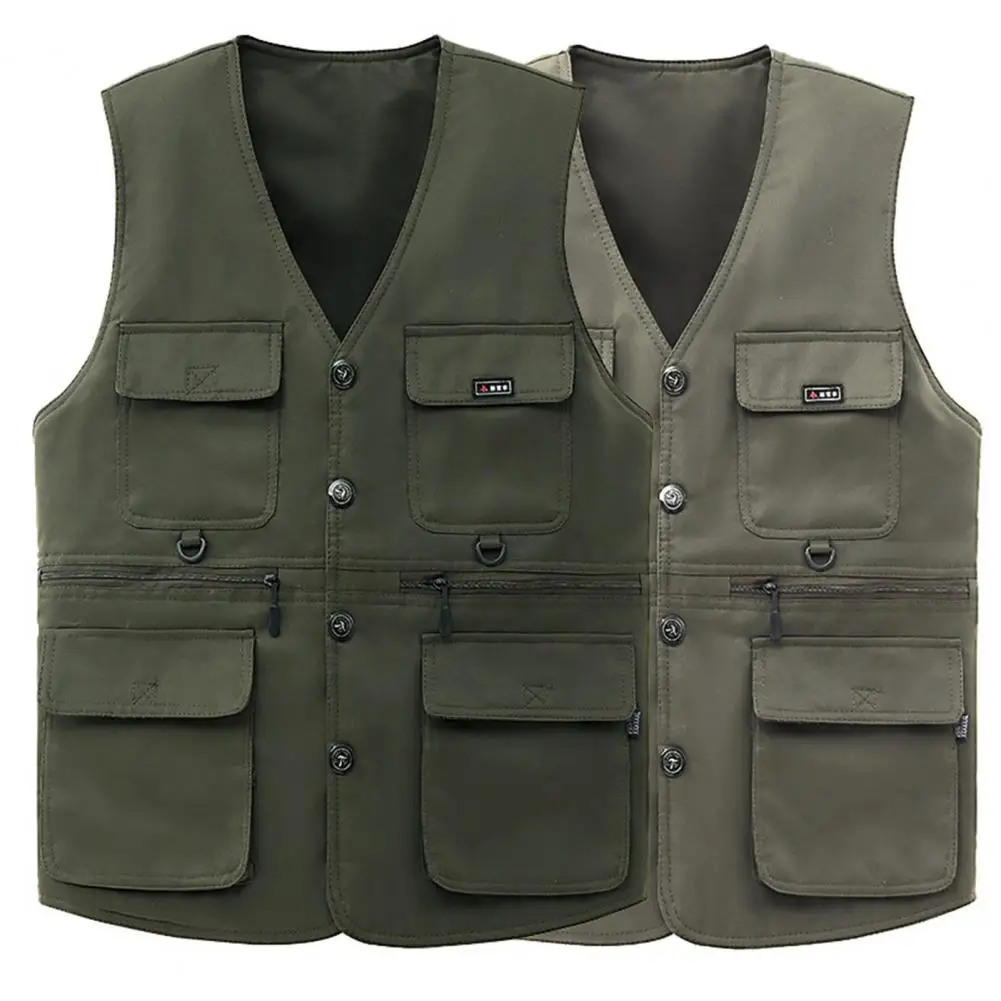 Men Waistcoat Single-breasted V-neck Workwear Style Vest with Multiple Pockets Casual Fashion Outdoor Fishing Vest Jacket