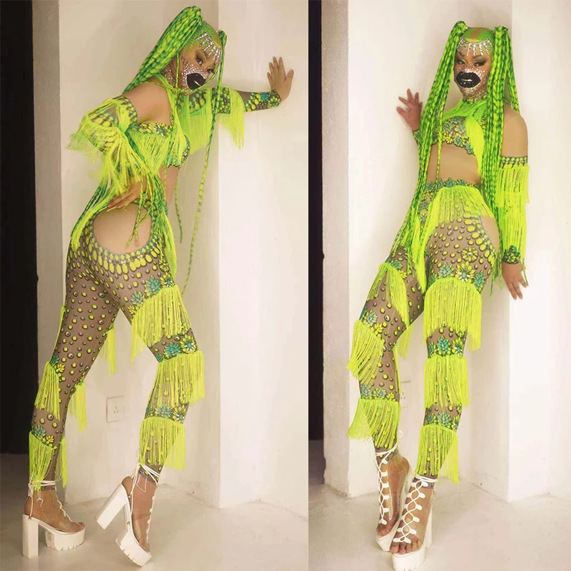 Moda verde con frange a maniche lunghe con collo alto stampato strass vestito da sera celebrare abbigliamento compleanno danza Costume