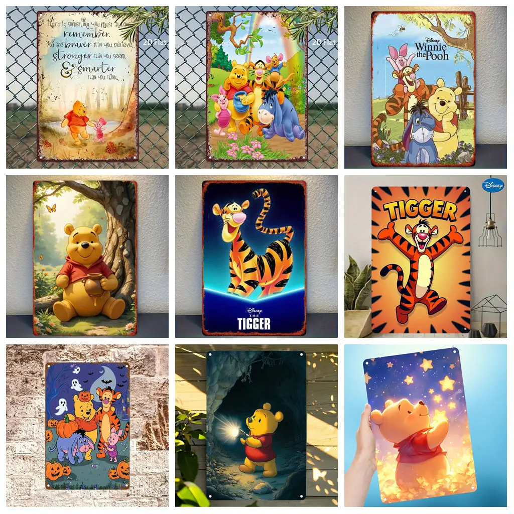 

Miniso Disney Winnie the Pooh Tigger Eeyore Tin Metal Tin Signs Posters Decor Retro Metal Plaque Wall Art Decor for Garage Bar
