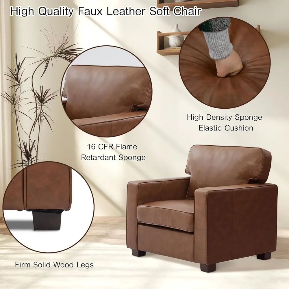 مجموعة من أريكة أريكة جلدية صناعية حديثة من منتصف القرن - رغوة عالية الكثافة ووسائد زنبركية مدمجة بأرجل خشبية صلبة