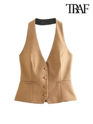 TRAF-Front Button Halter Neck Waistcoat For Women, Backless Sleeveless Vest, Female Outerwear, Chic Tops, Fashion