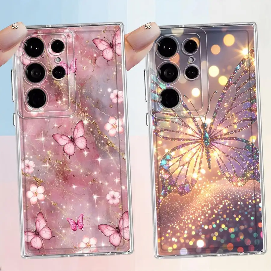 Case for Samsung Galaxy S26 S21 S20 Plus Note 20 Ultra 10 S25 Edge S23 Ultra S24 S22 FE Phone Cover Pink Butterfly Flower