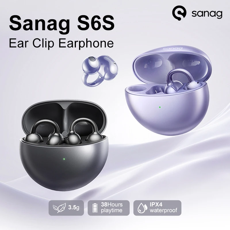 Sanag S6S مشبك مجاني مفتوح الأذن سماعة الأذن كليب ثلاثية الأبعاد صوت ستيريو بلوتوث 5.3 36H وقت اللعب OWS سماعات رياضية IPX4 مقاوم للماء