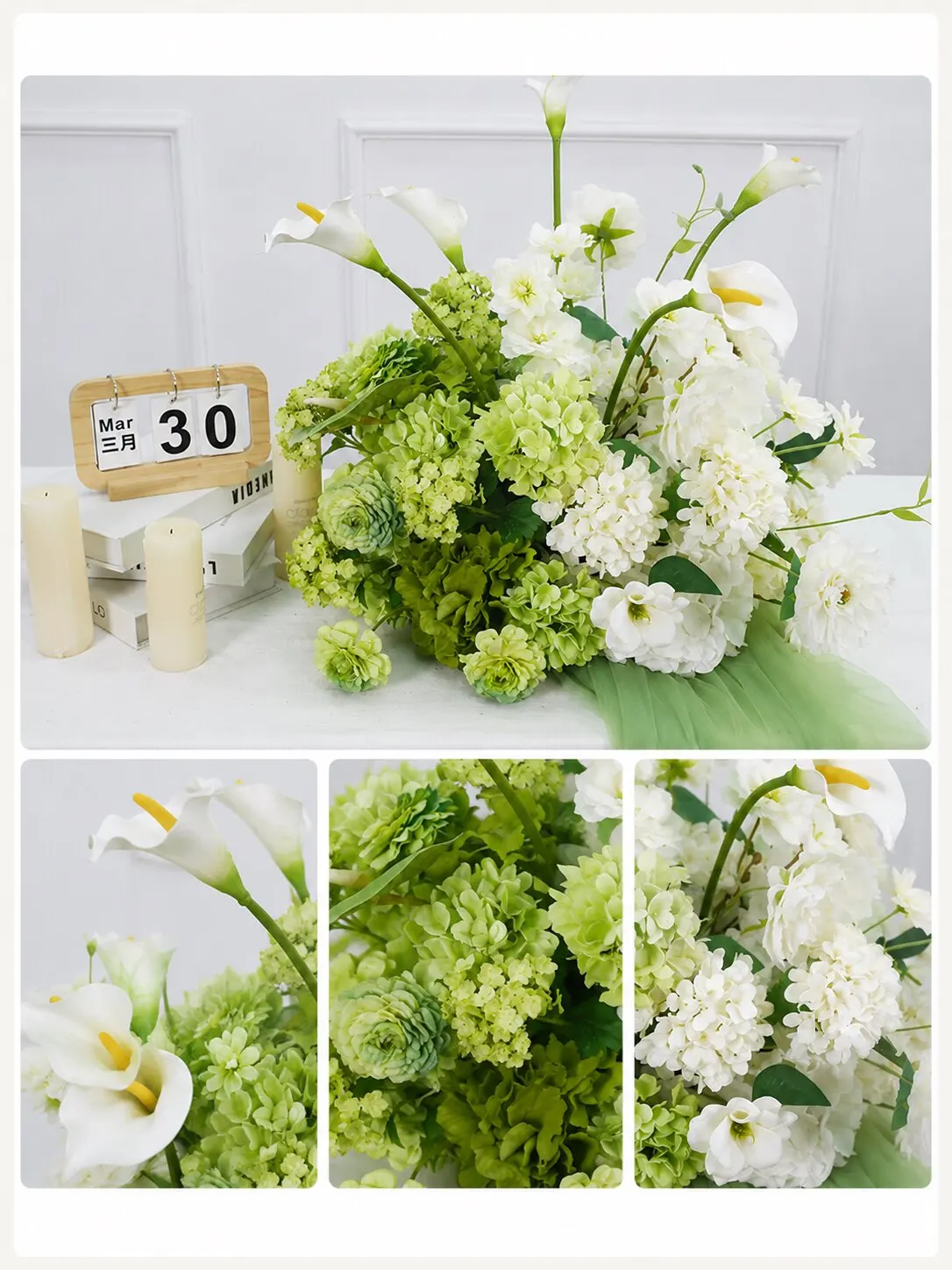 5D Künstliche grün-weiße Hortensien-Kallablumen-Arrangement Hochzeitstisch-Mittelstück Blumenball-Dekoration Gangführung-Requisiten – Detail 2