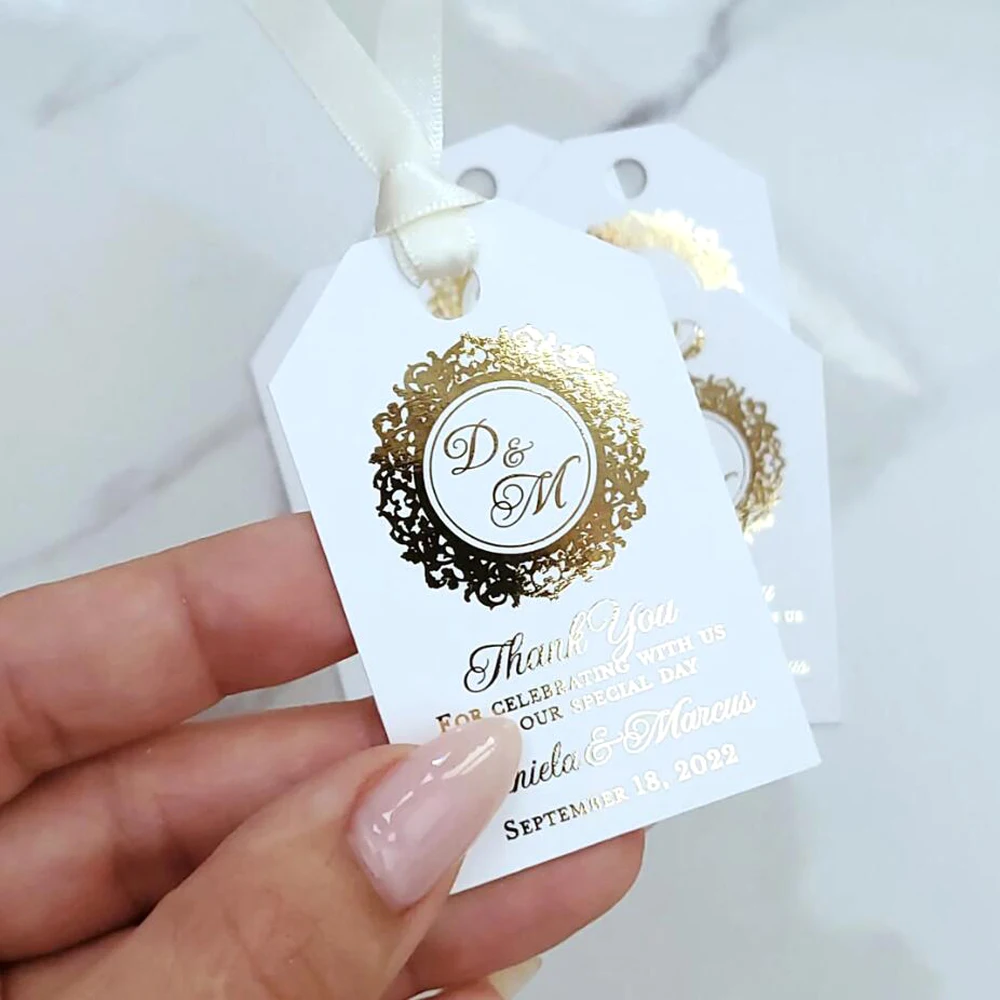 Etiquetas de recuerdo de boda personalizadas, etiquetas de agradecimiento doradas, 50 piezas