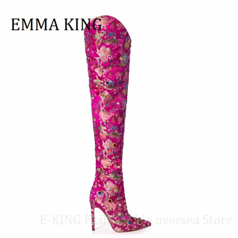 Stivali alti alla coscia con strass da donna stivali a spillo Sexy con punta a punta sopra il ginocchio scarpe eleganti da donna di lusso Botas De