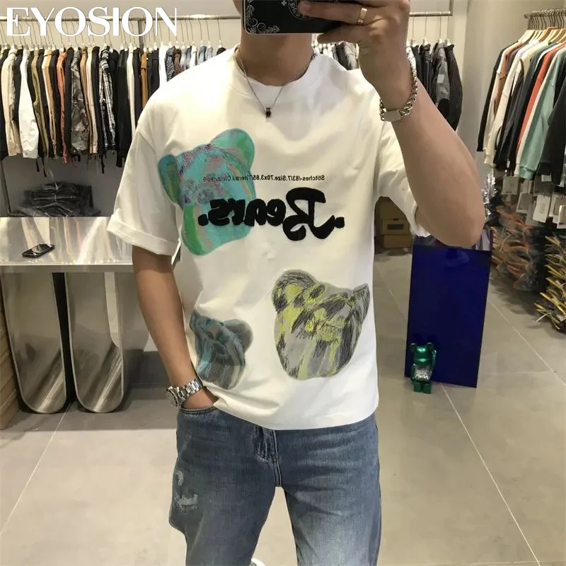 Summer T-Shirts Men 2022 Bear Cotton Print O Neck Solid New Tops Clothing Casual Tshirt Man Streetwear Cool Tee Shirts