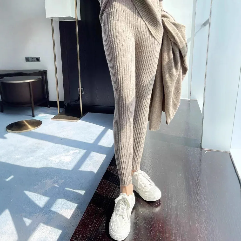 Neue Herbst Winter Frauen Hohe Taille Casual Wolle Koreanische Hosen Rippen Verdicken Elastizität Ankle-länge Hosen Gestrickte Leggings