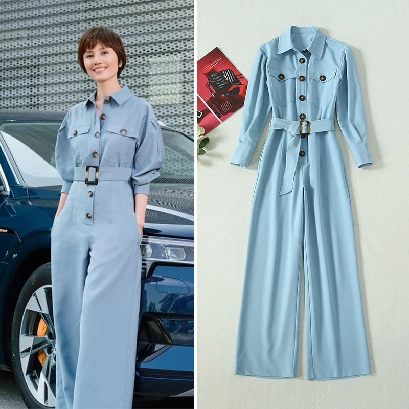 2024년 봄 원쿠안 데님 오버롤 루즈핏 여성용 싱글 버튼 와이드 레그 팬츠 워크웨어 롱 팬츠 로우 웨이스트 벨벳