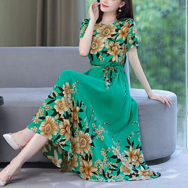 2023 Summer Bohemian Beach Holiday Casual Dress Ladies Short Sleeve Waist Lace Up Long Robe Dresses Women Floral Print Vestidos