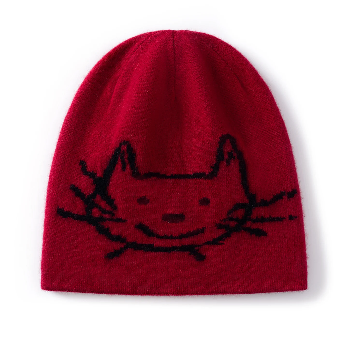 KOIJINSKY 35% Cashmere Knit Beanie Adorable Cat Face Jacquard Soft Warm Straight Hem Winter Hat Casual Lovely Knitted Cap for Wo