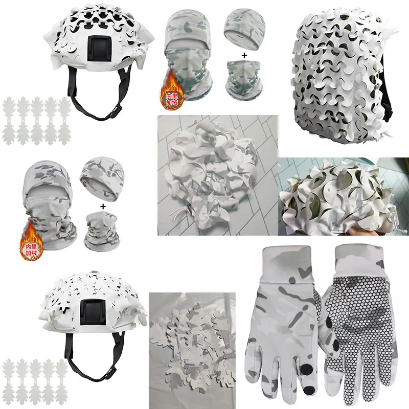 MCAP Winter Camouflage White Snow Camo 3D Outdoor tactical helmet cover Cloth Strips ，Scarf MASK , Gloves, Cap ,