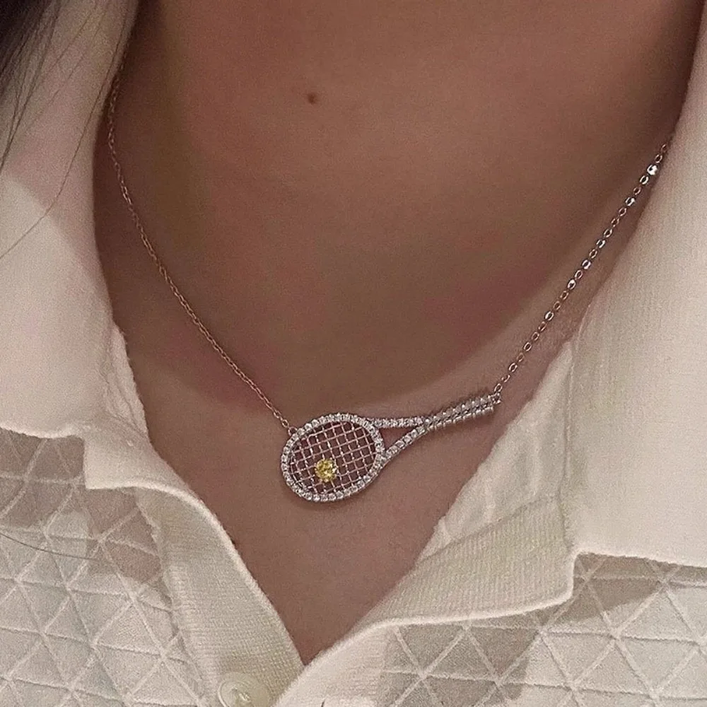 New Exquisite Tennis Racket With Diamonds Zirconia Metal Pendant Silver Color Sweater Chain Jewelry Gifts