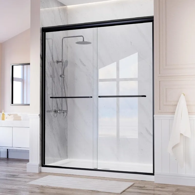 Semi-Frameless Shower Door Double Sliding for Bathroom, Reversible Bathroom Glass Shower Door with Two Handles