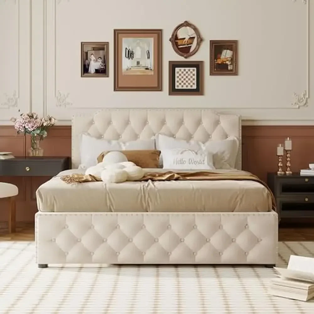 إطار سرير بمنصة منجدة كوين مع دولاب ومنافذ USB ولوح رأسي مجنح من الكتان البيج وبناء قوي وتصميم حديث #2