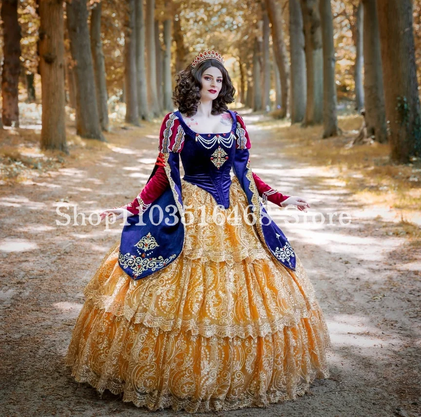 Vestido de baile de luxo vintage quadrado pescoço espartilho carcela manga longa frisado apliques halloween princesa cosplay vestido personalizado