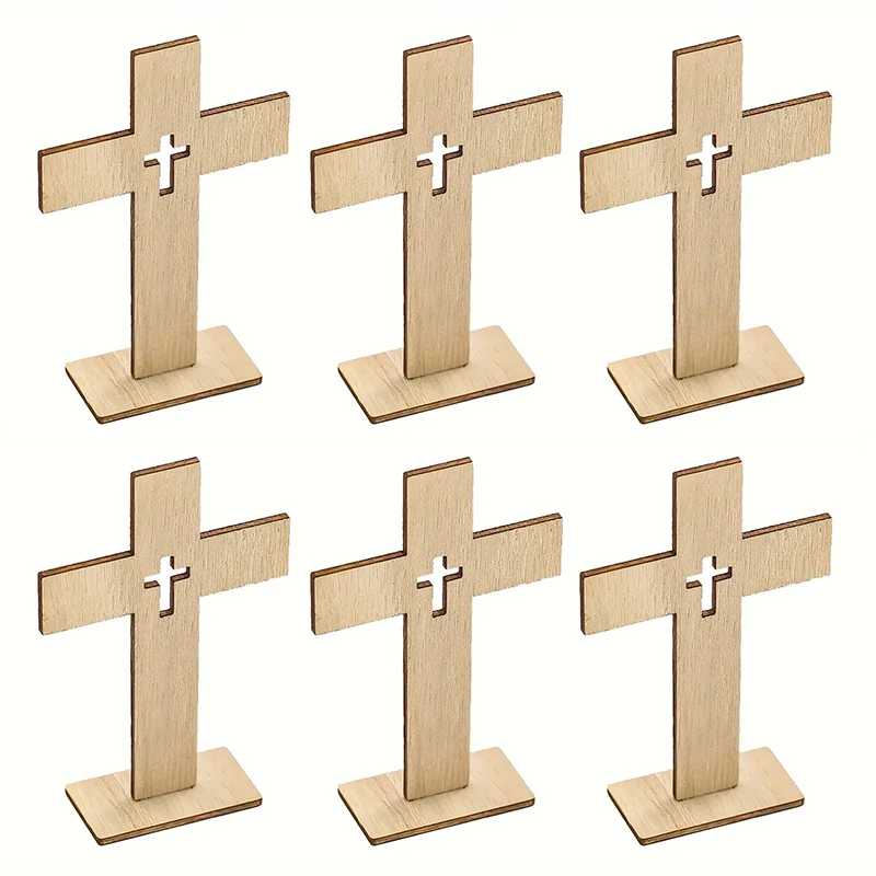 YOMDID 6PCS Wooden Crosses Standing Crucifix Christian Baptism Table Centerpieces First Communion Decor Photobooth Props