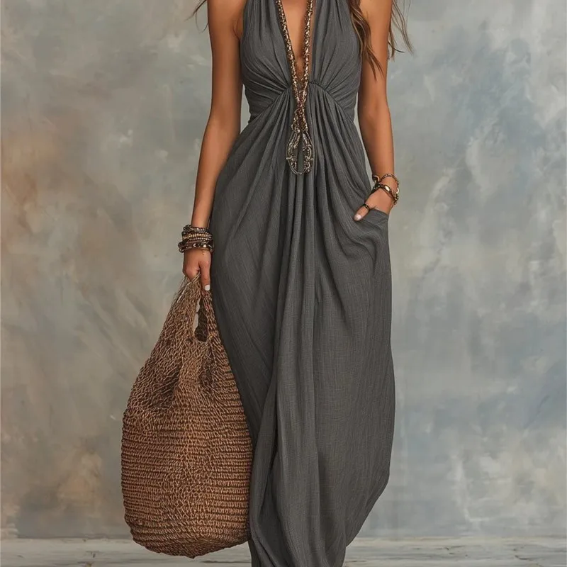 Elegantes Neckholder-Maxikleid für Damen mit tiefem V-Ausschnitt, hoher Taille, schmal geschnitten – Sommer 2026 – Formelle Abendgarderobe für Partys und Urlaub