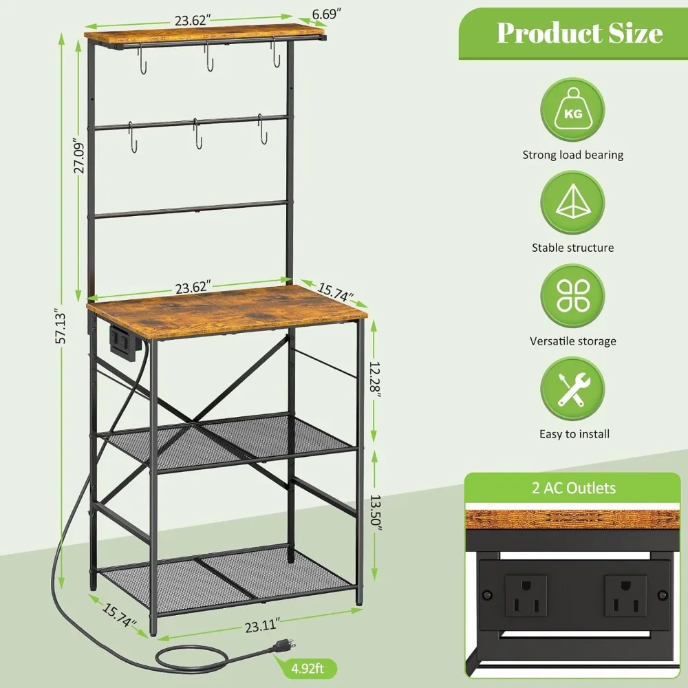 Kitchen Bakers Rack with Power Outlet, 4-Tier Coffee Bar Station with 6 S Hooks, Microwave Stand for Kitchen, Living Room, Farmh