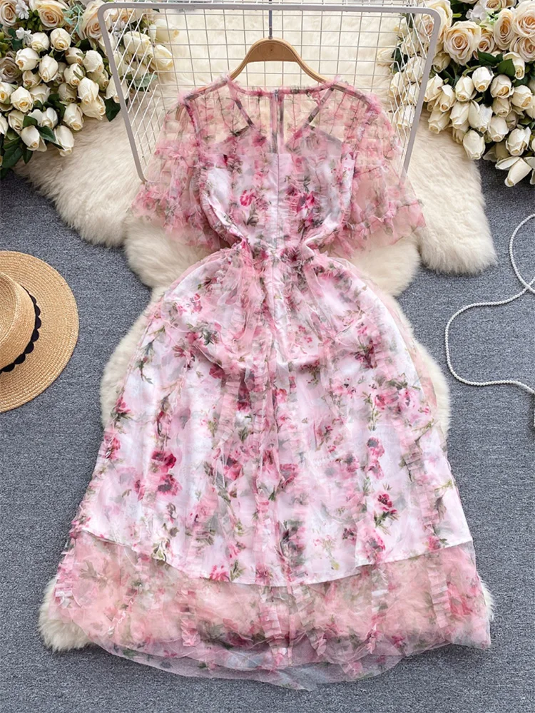 New In Dresses 2024 Summer Short Sleeve V Neck Frill Trim Sweet Mesh Dress Women Floral Print Party Elegant Tulle Midi Dress