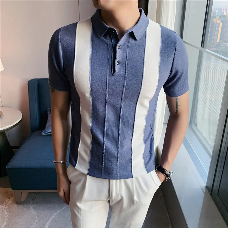 Vintage Pattern Patchwork Knit POLO Shirt Men Summer Fashion Men Short Sleeve Slim POLO Shirt Casual Button Lapel Pullover