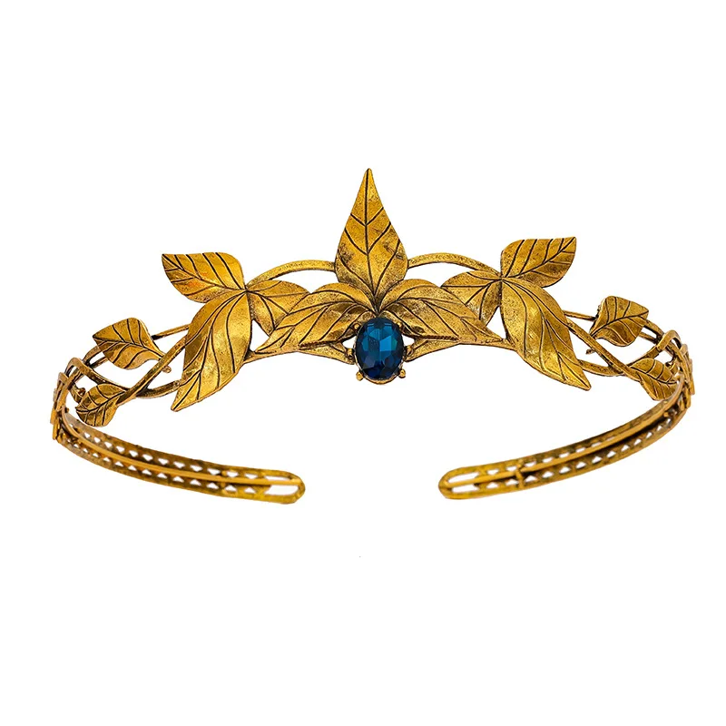 Vintage Gold Color King Round Elves Crown Crystal Goddess Tiaras Women Man Vintage Leaf Headband Diadem Bridal Hair Accessories - view 5