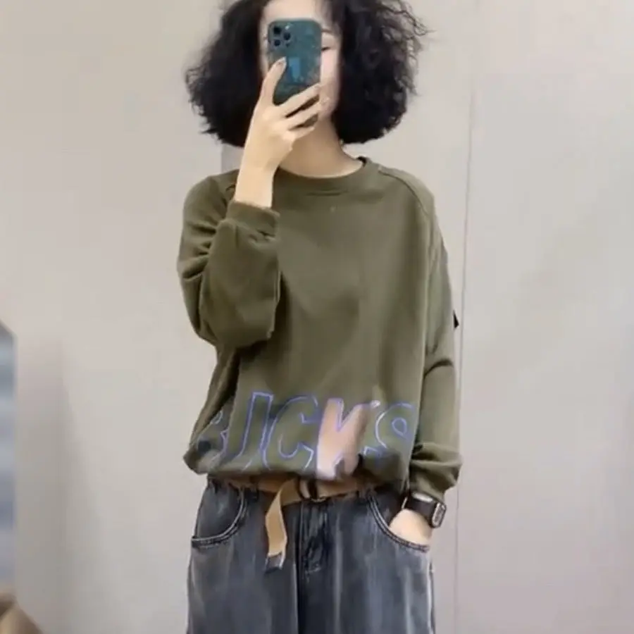 Tiktok نفس الرقبة المستديرة رسالة كبيرة الشريط سترة الربيع رقيقة خمر شخصية طباعة البلوز كم طويل المرأة البلوز #3