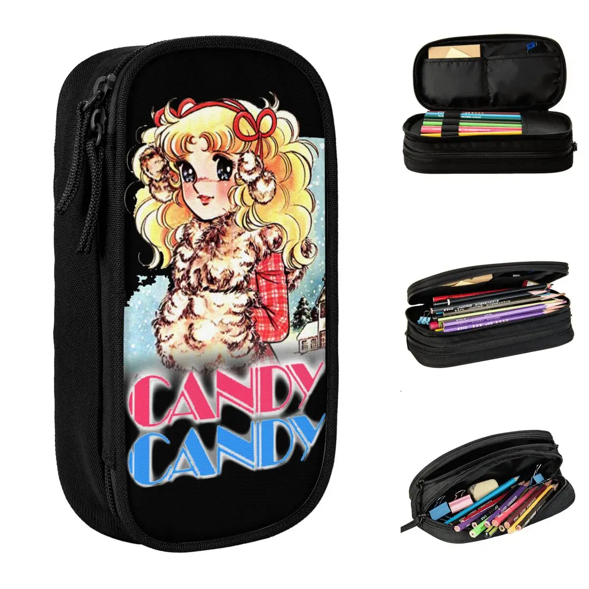 Candy Candy Logo Casos de Lápis Anime, anos 80 Kawaii Manga Pen Bags, Grandes Sacos De Armazenamento para Crianças, Estudantes, Presentes de Escola