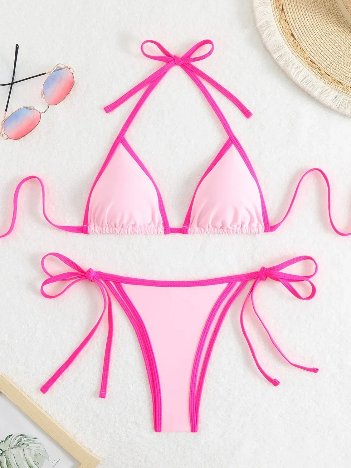 セクシーなビキニ女性ピンクブルーコントラストプッシュアップマイクロ水着ブラジルビーチ包帯水着ネクタイサイド Tバック水着 2025