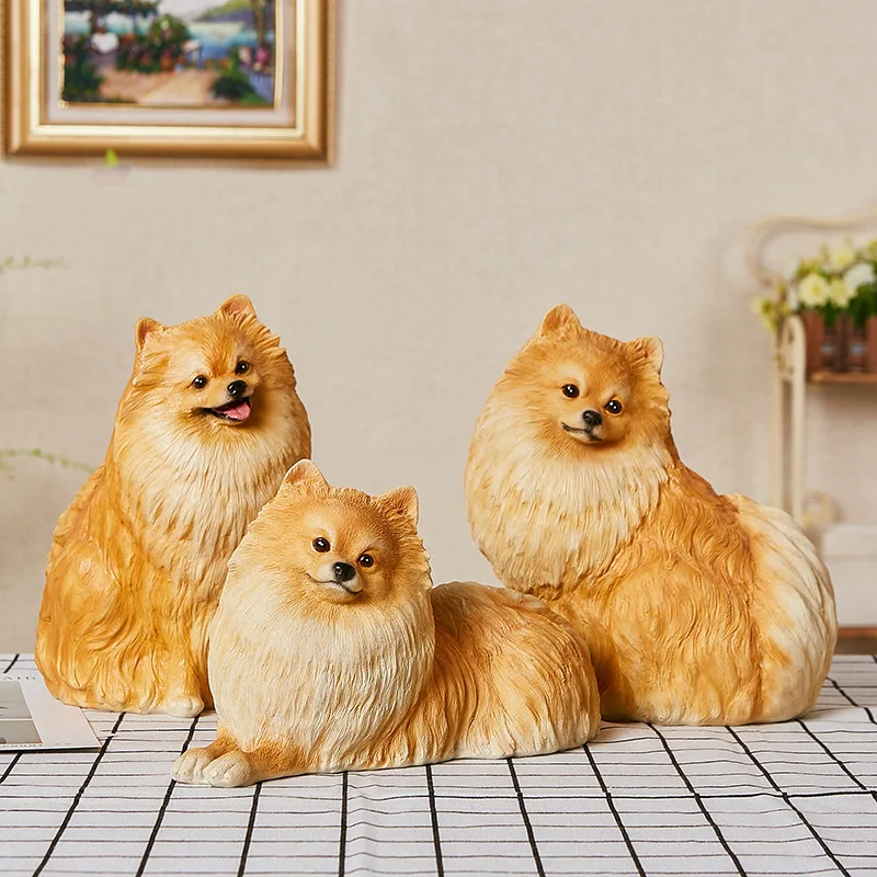 Resin Handicraft Artificial Animal Sculpture Cartoon Dog Pomeranian Resin Decorative Figurines Home Decoration Accessories