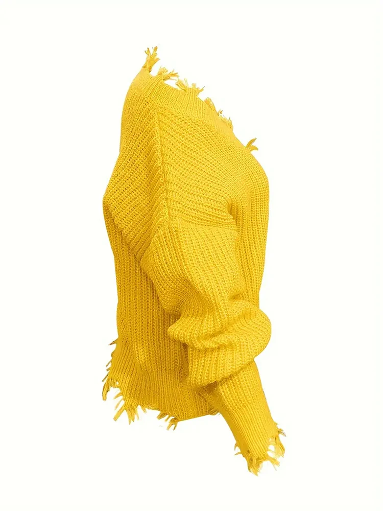 سترة نسائية بمقاس كبير بلون سادة وأكمام طويلة، سترة محبوكة مريحة مع رقبة مائلة لخريف وشتاء