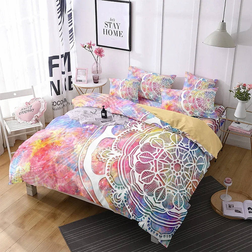 Bohemian Mandala Print Datura Bedding Set - Microfiber Comforter Cover with Super Comfortable Duvet & Pillowcases Included