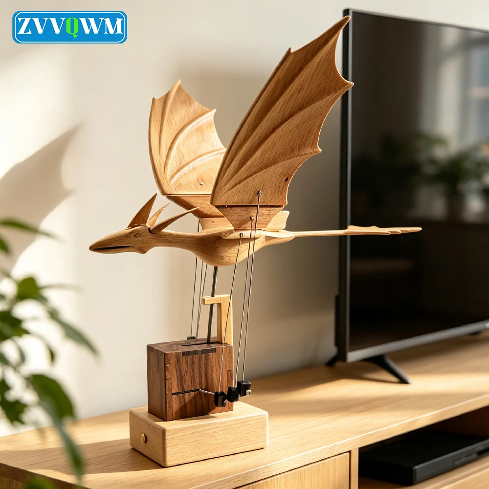 Handmade Solid Wood Dragon Ornament Electric Flapping Pterosaur Wooden Sculpture Home Decor Art Craft Gift for Adults Collection