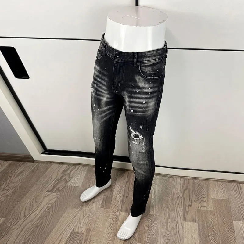 الشارع مصمم أزياء الرجال الجينز عالية الجودة الرجعية أسود رمادي تمتد سليم صالح ممزق الجينز الرجال العلامة التجارية خمر Y2K الدنيم السراويل #4