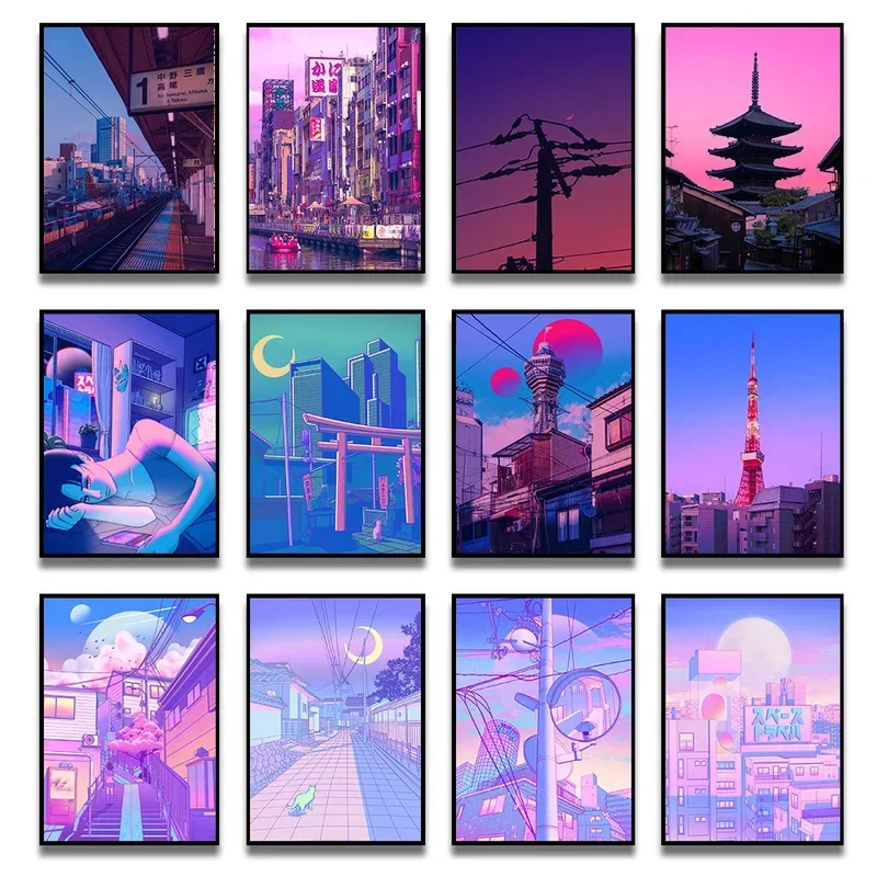 Pintura en lienzo, carteles e impresiones, imagen artística de pared, ciudad nocturna, Pop, Kyoto, Osaka, Torre, calle, medianoche, Matsuri, rosa