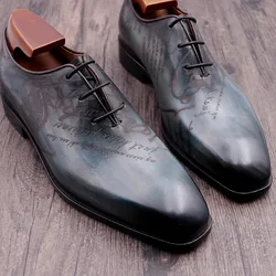 2024 Handmade Mens Luxury Wedding Party Blue Dress Sqaure Toe Lace Up Business Man Work Cowhide Genuine Leather Formal Shoes