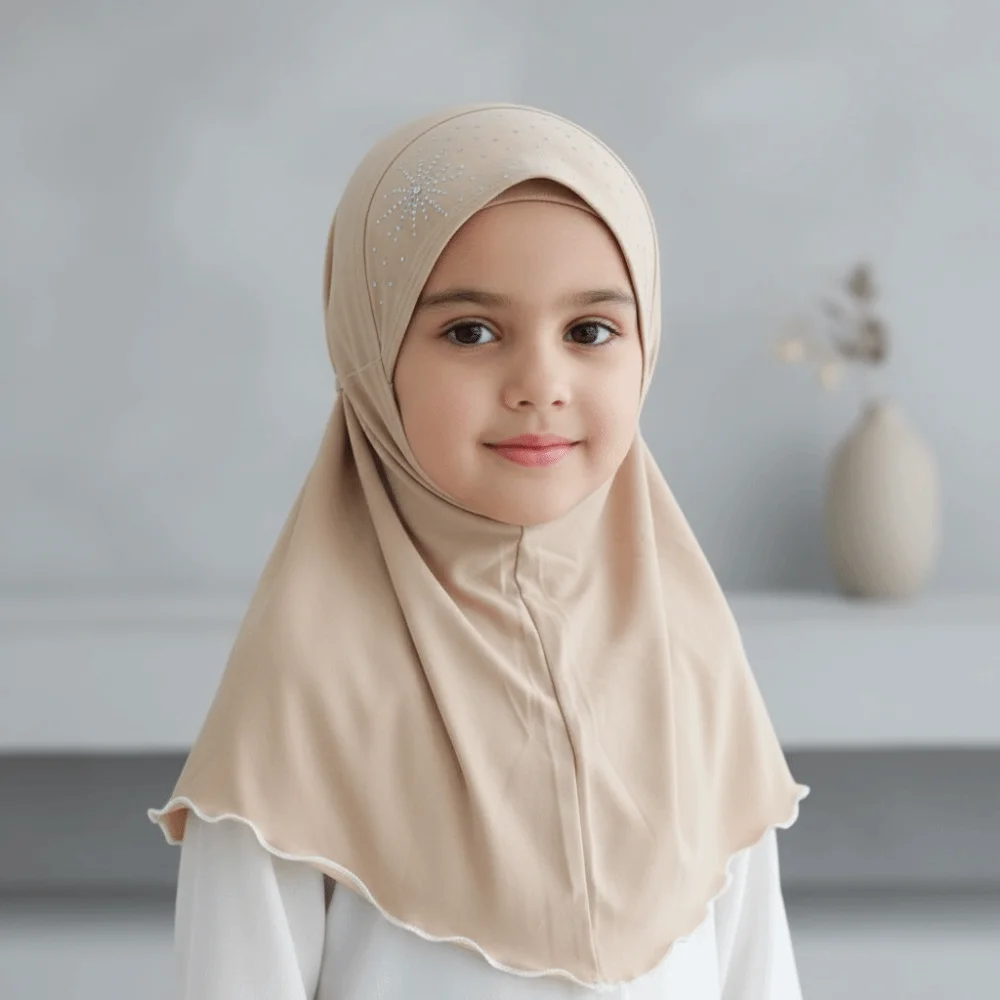 Breathable Instant Hijab Elastic Chin Support Pre-Stitched Design Girls Rhinestone Headscarf Lightweight and Soft Non-Slip Fit