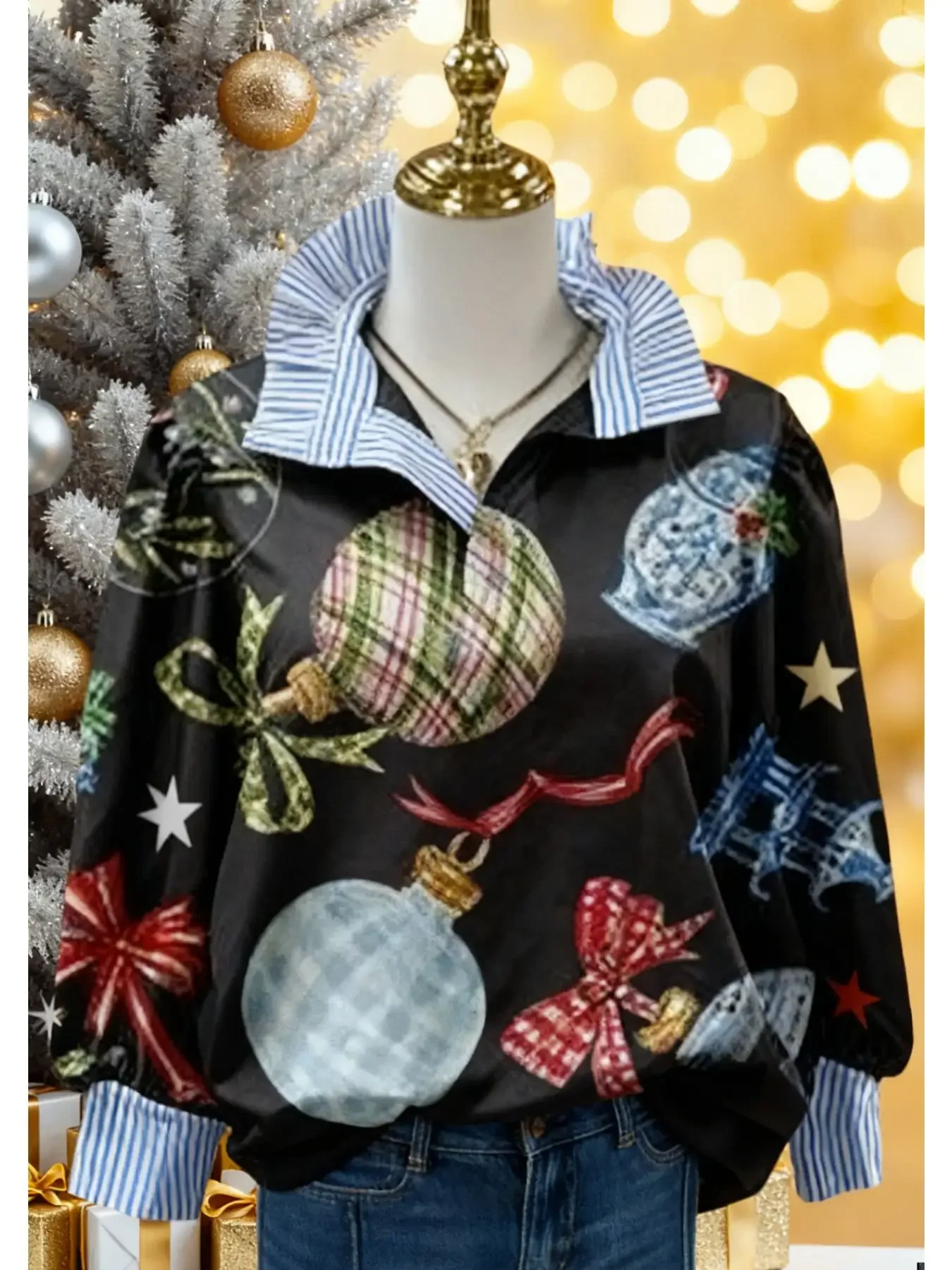 

Christmas Women's Top Spring and Autumn Winter Women's Stand up Collar Shirt Long Sleeve, Machine washable,