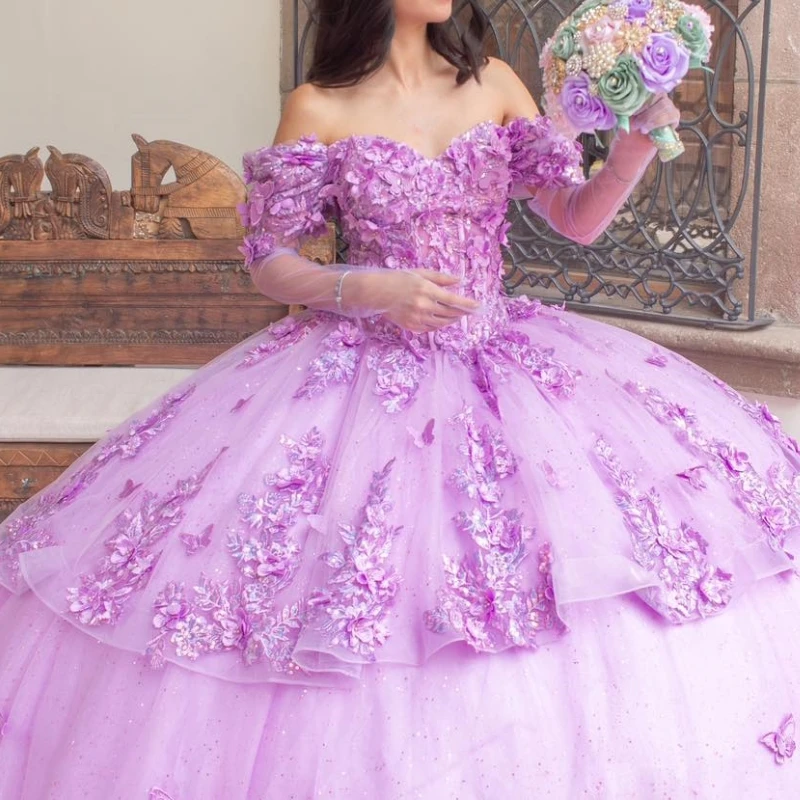 Lilac Glitter Ball Gown Quinceanera Dresses Off The Shoulder Appliques Bow Beads Tull Sweet 16 Dress Vestidos De 15 Anos