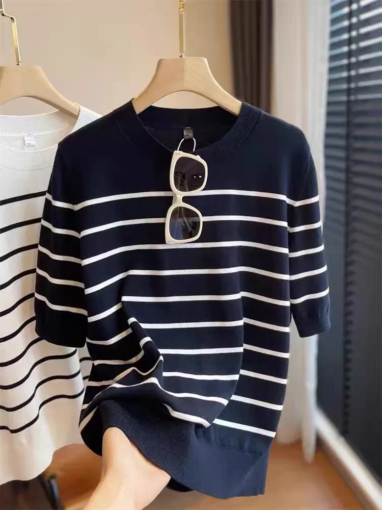 BELIARST Summer Thin Women's round Neck Short Sleeve 100% Pure Cotton Knitted T-Shirt Fashion Striped Pullover Vest Casual Top