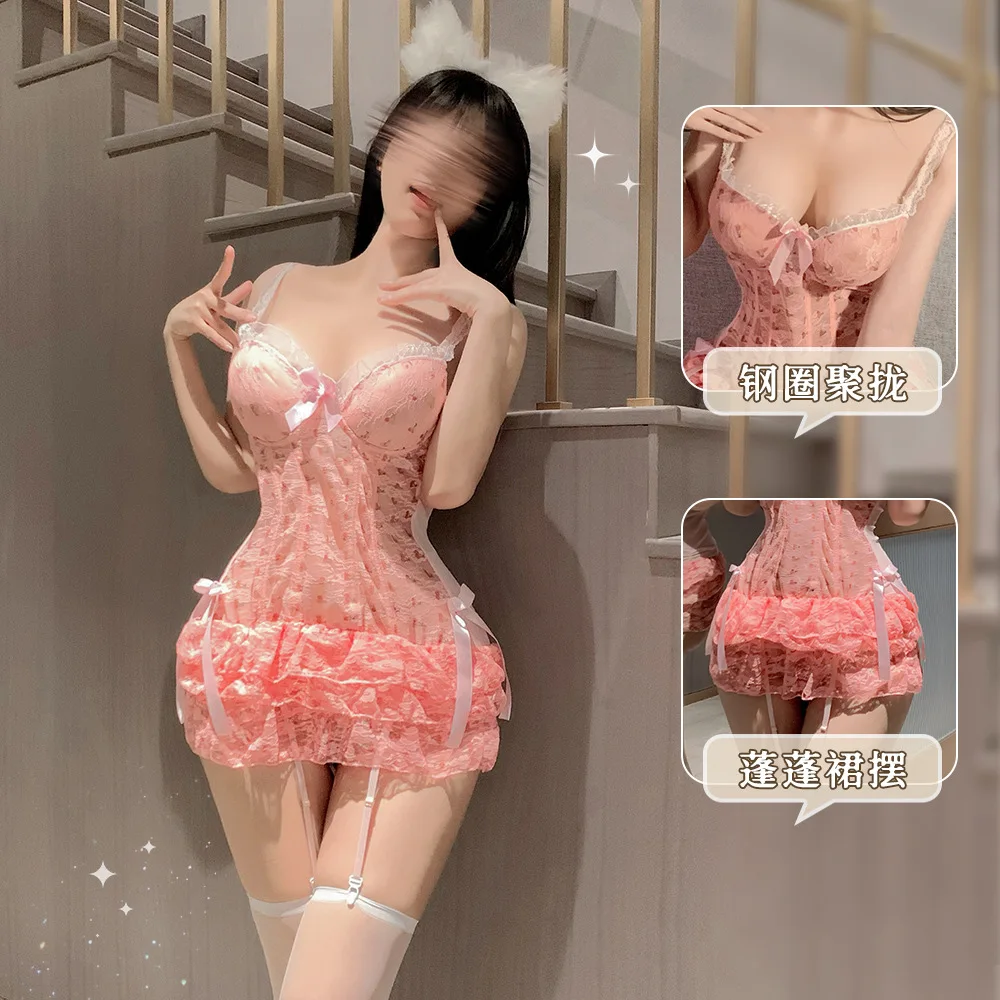 

Lace sexy suspender chest pad high sense steel tray gathering French pure desire cherry cake skirt cw00504