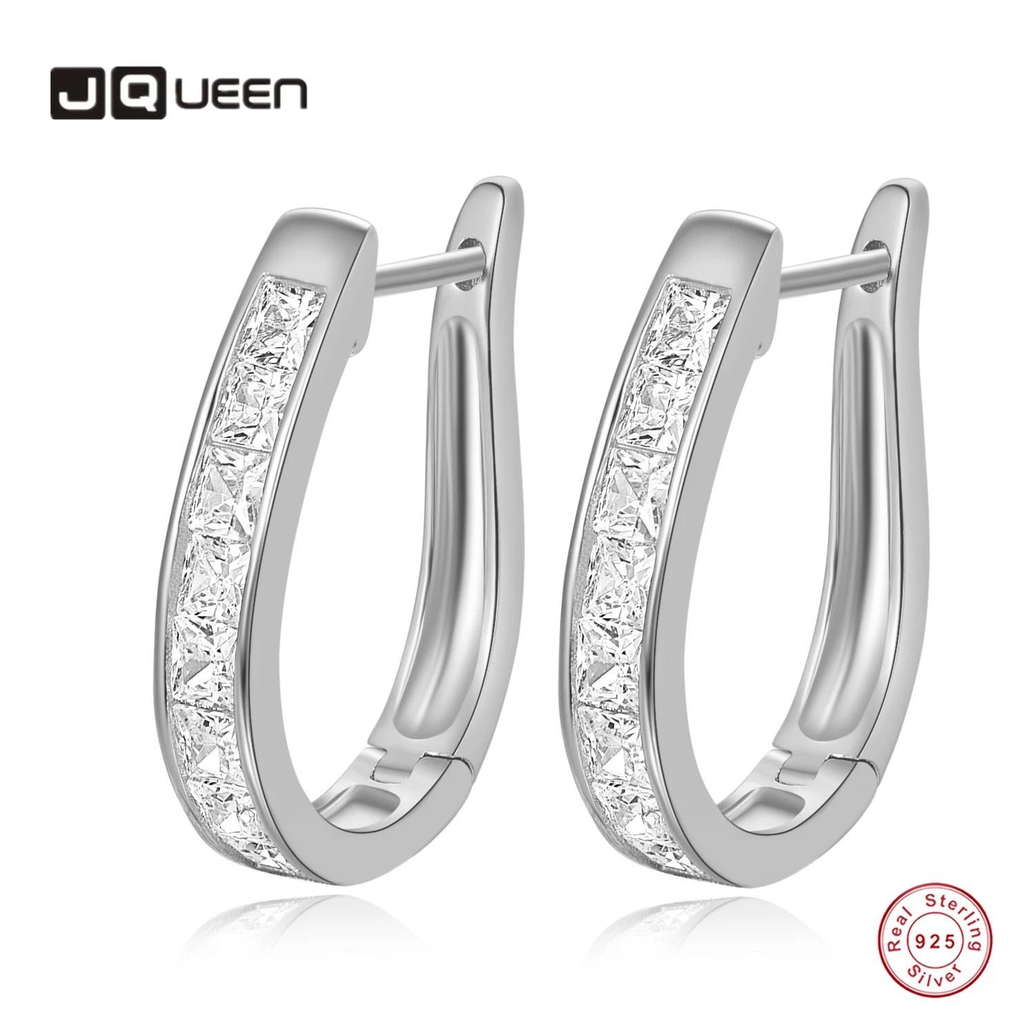 JQUEEN 925 Silver 20mm Horseshoe Shaped Diamond Zircon Earrings Ear Studs for Wedding Engagement Party